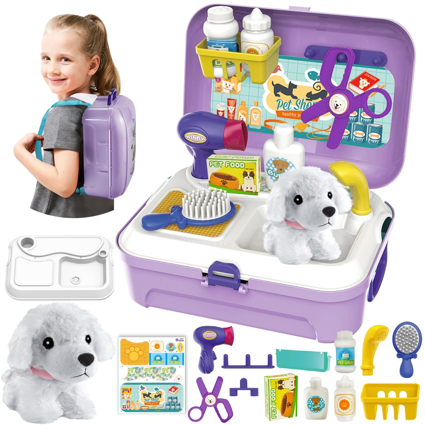 HERSITY Pet Care Vet Kit Kid, Puppy Pretend Play Toy Girl, Toy Dog Bath Grooming Set, Gift 3 4 5 6 Year Old Toddlers Childrens V