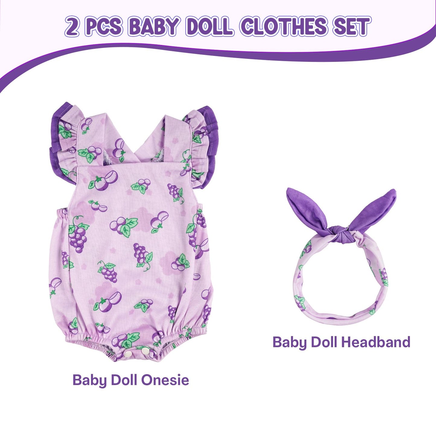 Babeside 2 Pcs Reborn Baby Doll Clothes Set For 17-22 Inch Dolls, Fruit Pattern Baby Doll Clothes Accessories With Doll Headband For Realistic Newborn Baby Doll Girl, Purple Grapes