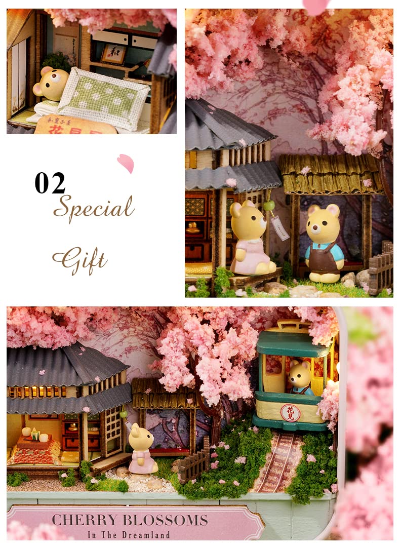Kisoy Dollhouse Miniature with Furniture Kit Handmade DIY House Model for Teens mature-themed Gift (Cherry Blossoms)