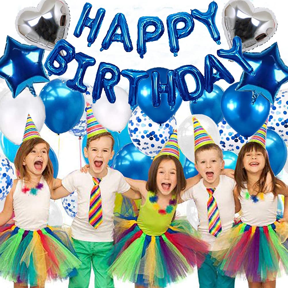 Morofme Blue Birthday Party Decorations Set With 38Pcs Balloons, Confetti, Foil Balloons, Fringe Curtains For Unisex Blue Themed Events