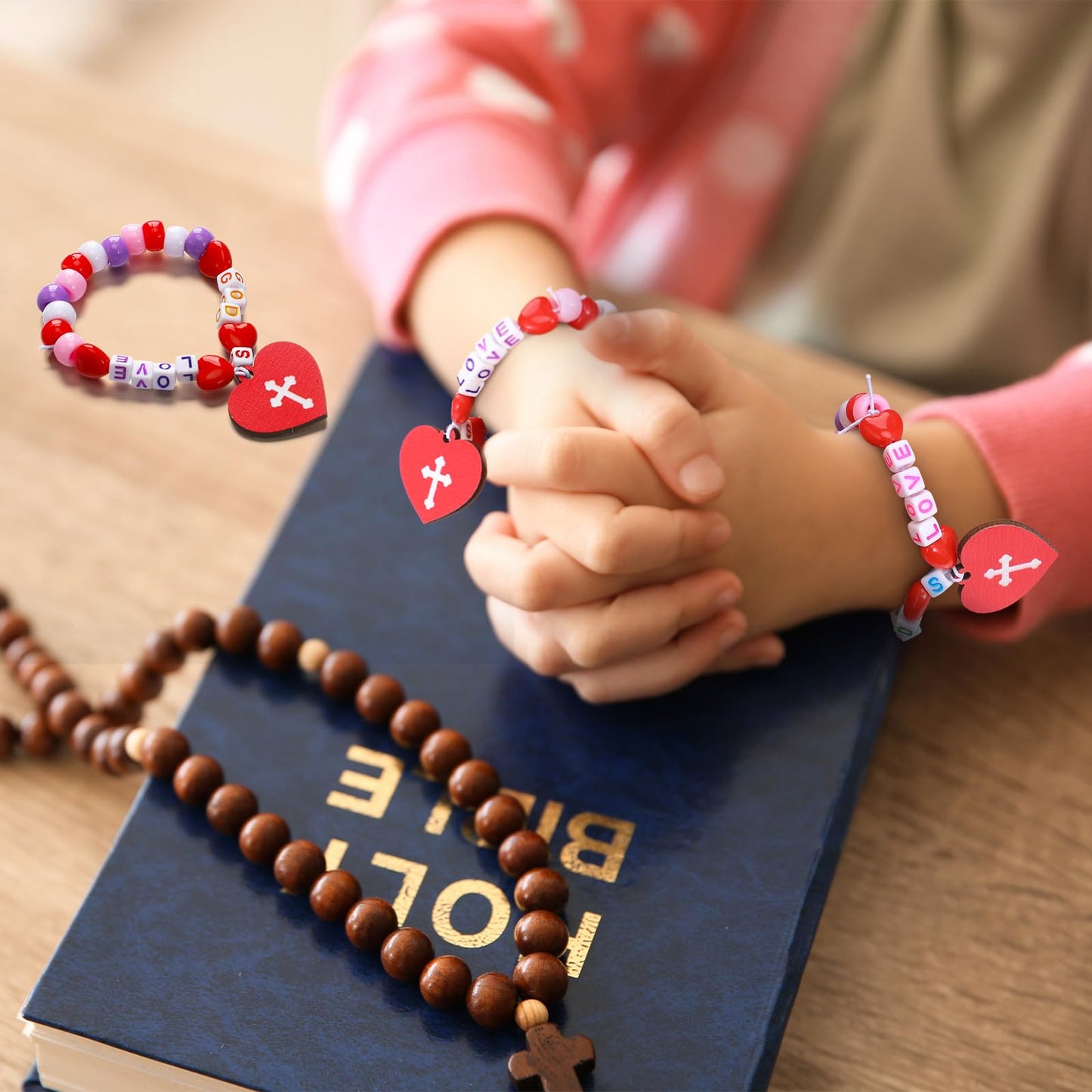 48 Pack Christian Valentines Crafts Gift, 24 Religious Valentine Cards, 24 Set Heart Beaded Bracelets with God's Love for Sunday