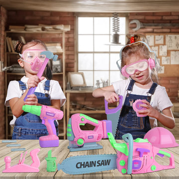 Kids Tool Set for Girls - Toddler Tool Set with Toy Chainsaw, Electric Toy Drill, Pretend Play Construction Tools Toy Gifts for