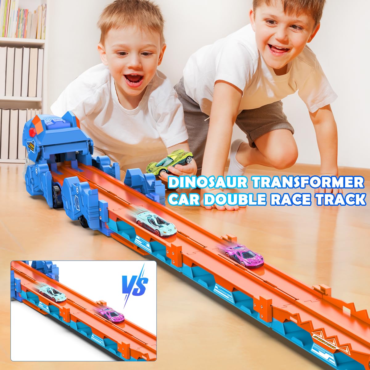 VATOS Toddler Truck Car Toy - Ejection Folding Dinosaur Track Car Toys, Portable Truck Car Toy with 8 Race Cars, Best Gift Toy C