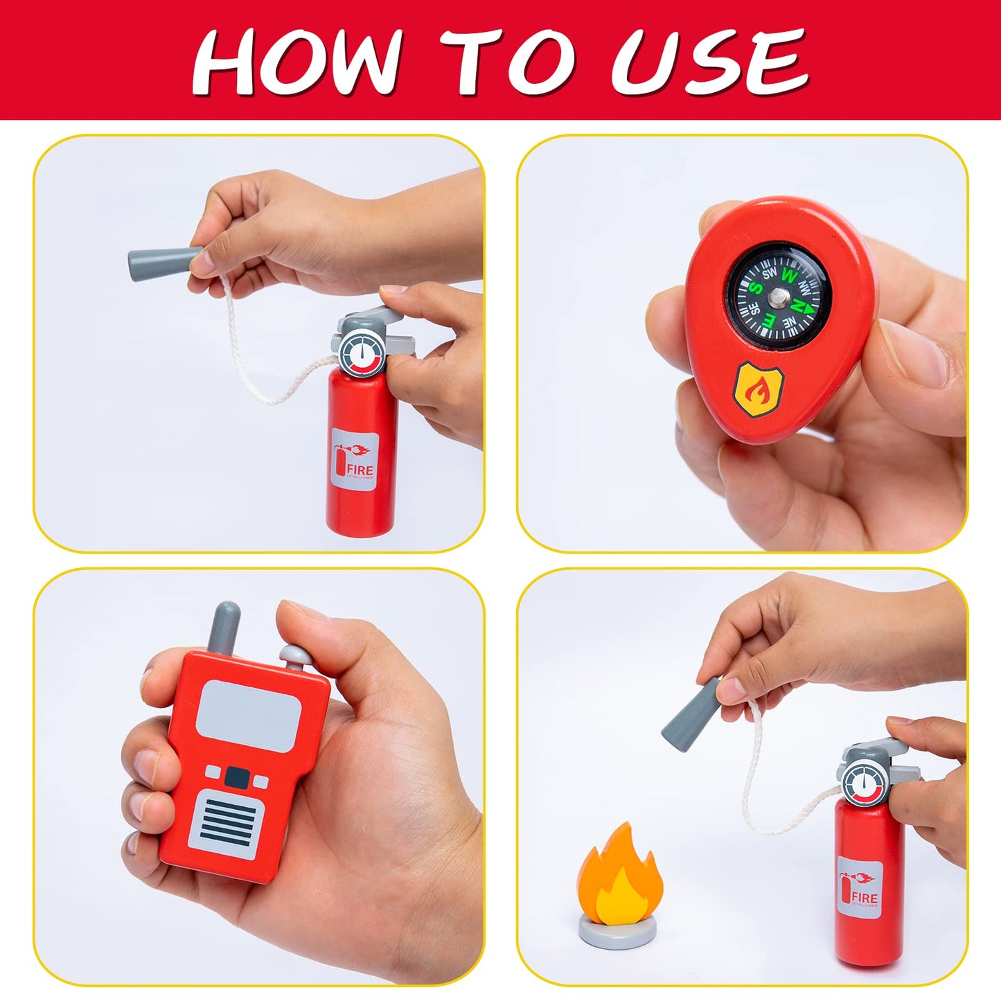 Umu Firefighter Costume For Kids, 14 Pcs Pretend Toy Wooden Fireman Role Play Firefighter Accessories With Fire Extinguisher And
