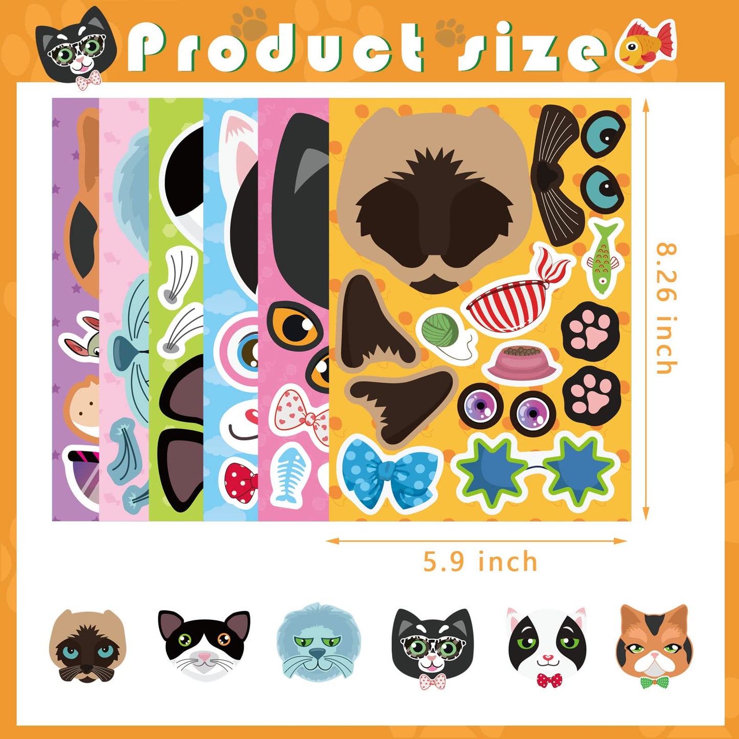 24 Sheets Cats Make A Face Stickers Make You Own Cats Stickers Animal Stickers For Kids, Birthday Gift Party Favors Supplies Tea
