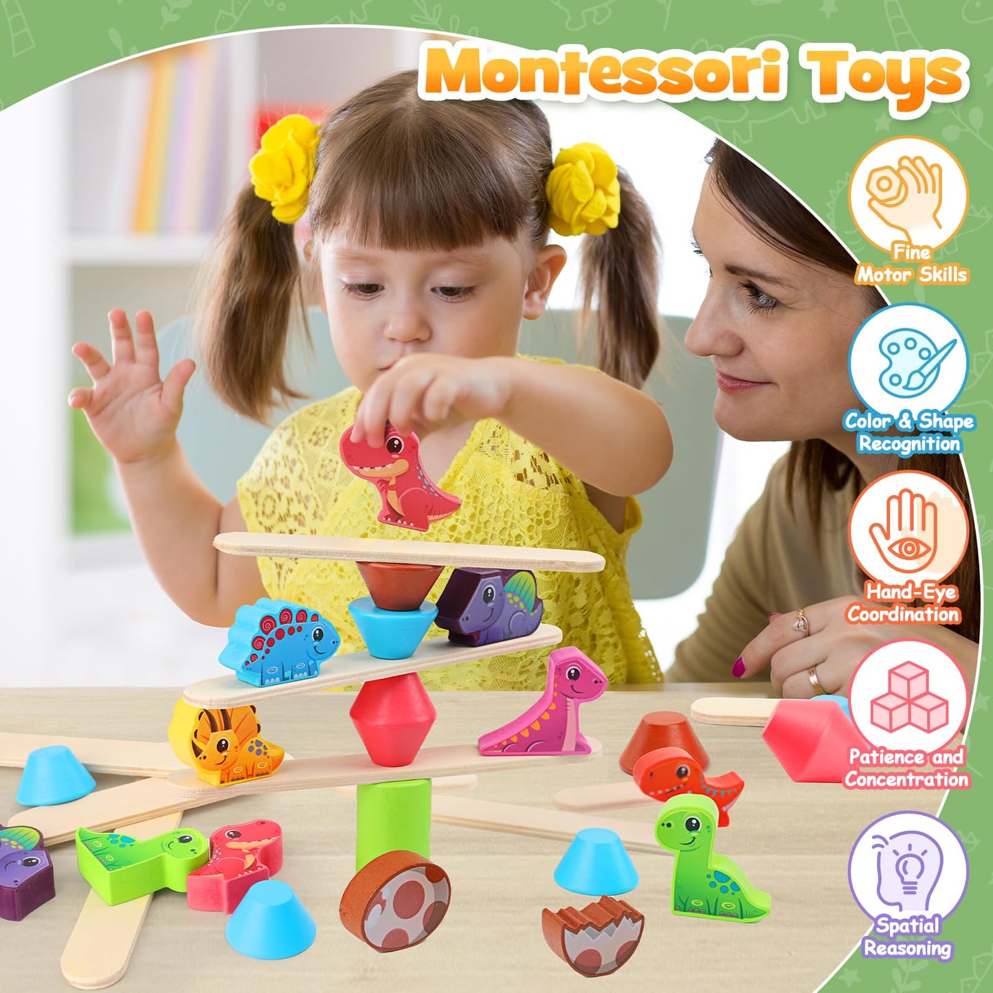 Montessori Dinosaur Toys For 1 2 3 4 Year Old Toddlers, Early Education Toys For Ages 2-4 Boys Girls Kids, Wooden Dinosaur Blocks Sorting & Stacking & Balance Toys, Ideal Preschool Birthday Gift