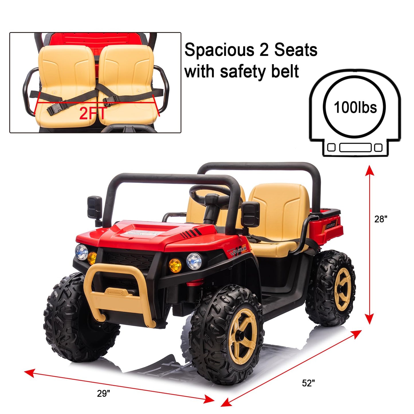 FINITO 24V 2 Seater Ride On Dump Truck,4WD Side by Side Kids UTV with Remote Control, Rubber-Plastic Polymerized EVA Tire Electr