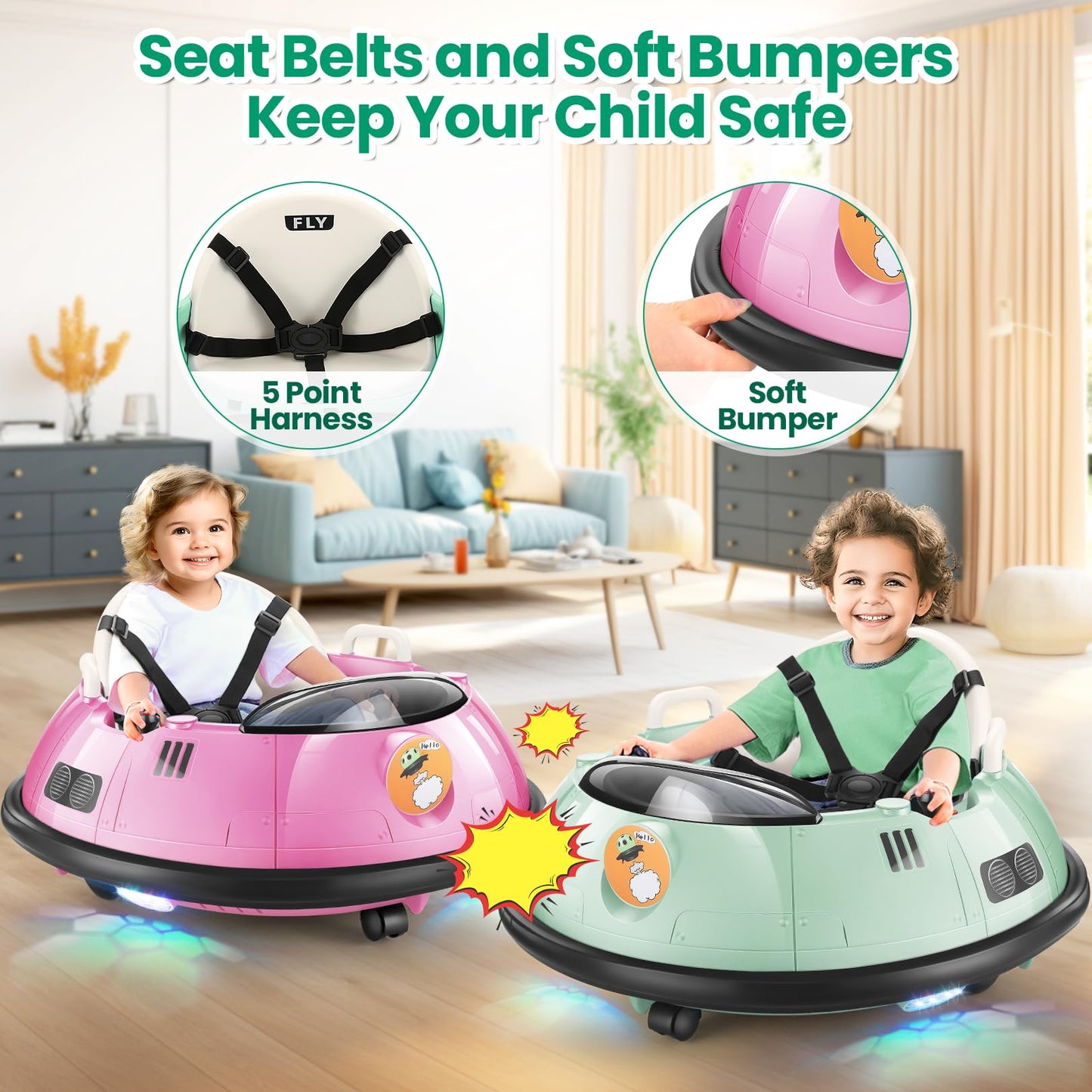 Hikole Bumper Car For Toddlers 1-3 With Remote Control, 12V 3-Speeds Electric Baby Ride On Bumper Car W/5-Point Harness, Flashin