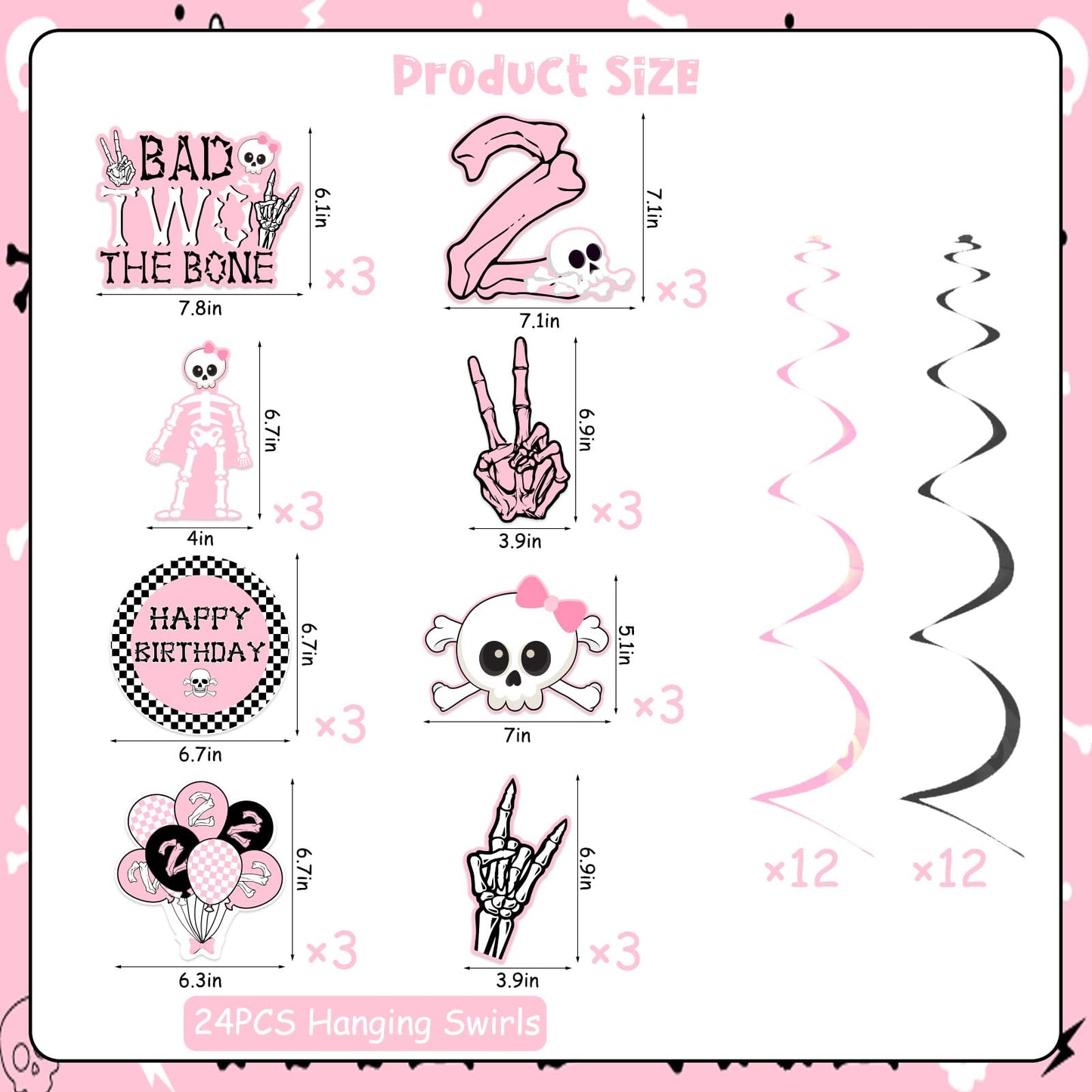 Jollyboom Bad Two The Bone Party Decorations Girl, 24pcs Skeleton 2nd Birthday Decorations Hanging Swirl Bad 2 The Bone Hanging