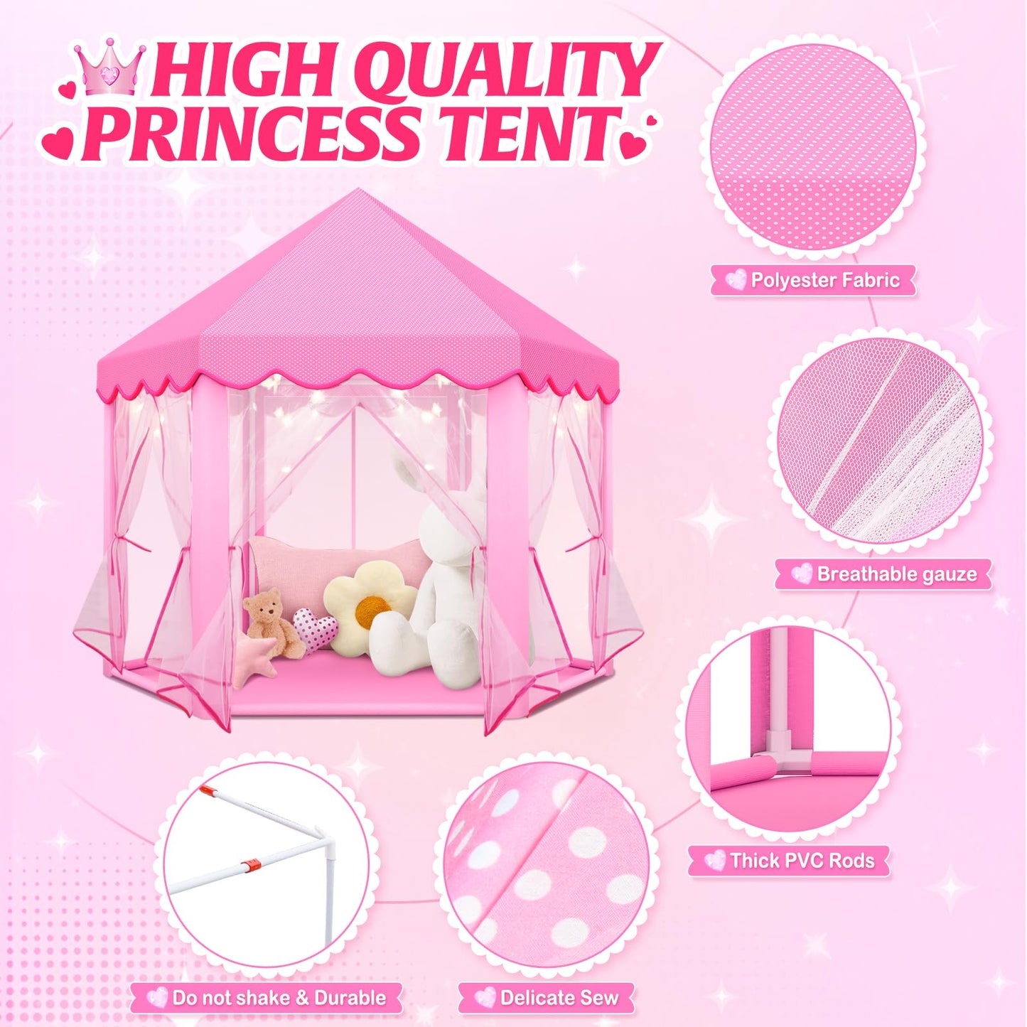 Princess Tent Girls Large Playhouse,Gift For 3 4 5 6 7 8+ Year Girl, Doll Dream House Castle Play Tent With Star Lights Toy For Kids Indoor And Outdoor Activity,Ideal Gift,57'' X 55'' (Dxh)
