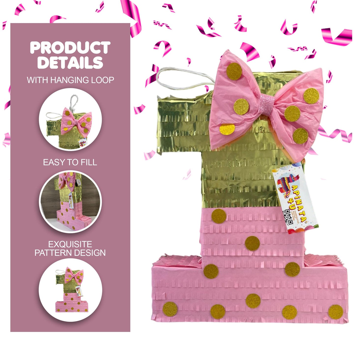 Apinata4U Pink And Gold Number 1 Piñata With Bow, Princess Theme First Birthday Decorations, Pink & Gold Party Supplies, Kids Party Favor For Birthday Celebration, Girls Birthday, 20 X 16 X 4 Inches