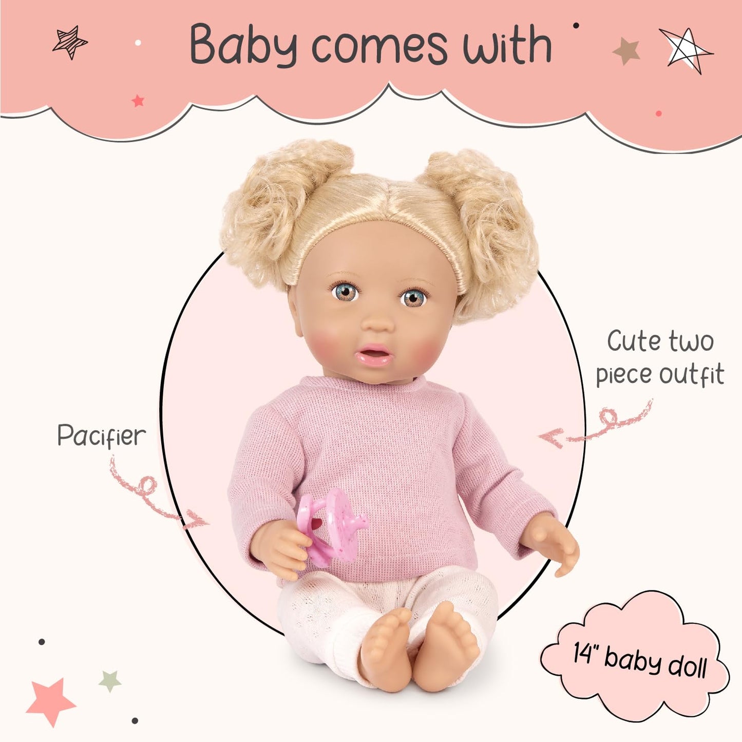 Lullababy - 14-Inch Realistic Baby Doll - Wavy Light-Blonde Hair, Blue Eyes & Soft Body - Pink Sweater Outfit, Hair Elastics & P