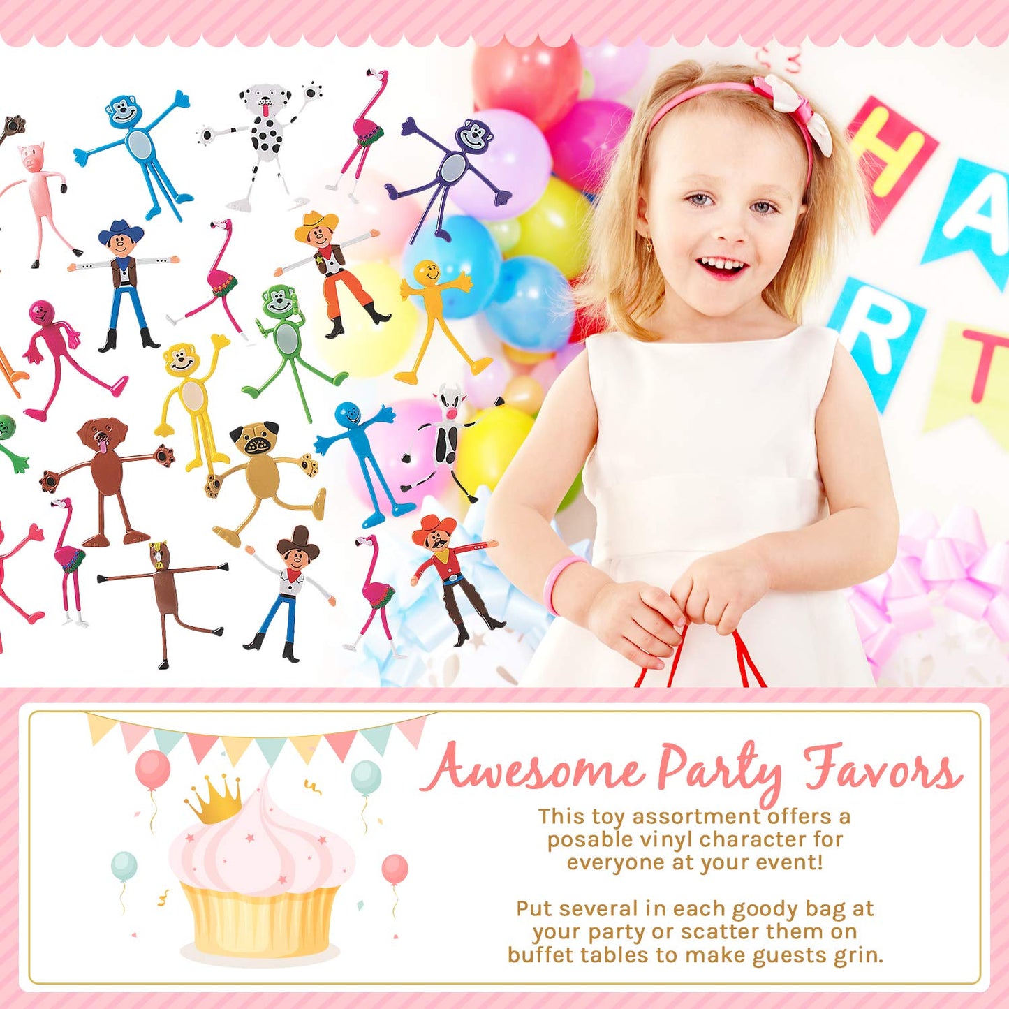 Mega Bendable Toy Bulk Assortment | 100 Pieces | Favors, Giveaways, Rewards, Gifts, Takeaways, Kids Birthday, Animal Theme, Vac