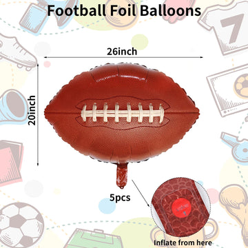 5 Pieces Large Football Party Balloons, Brown Football Shaped Mylar Foil Balloons Sports Theme Party Decorations For Boys Men Fo
