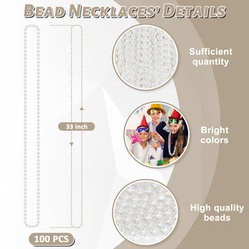 100PCS Bead Necklace, White Mardi Gras Beads Necklaces Bulk, 33'' Metallic Round Beads Accessories, Bead Necklace Holiday Events