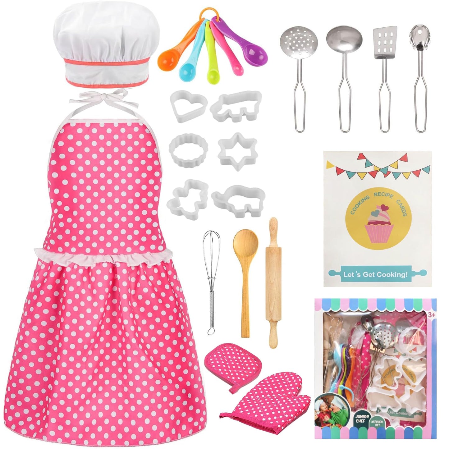MEIDAYAI Kids Cooking Baking Set , Kids Kitchen Pretend Play Toys, Kids Chef Role Play Costume Set - Chef Hat and Matching Pink
