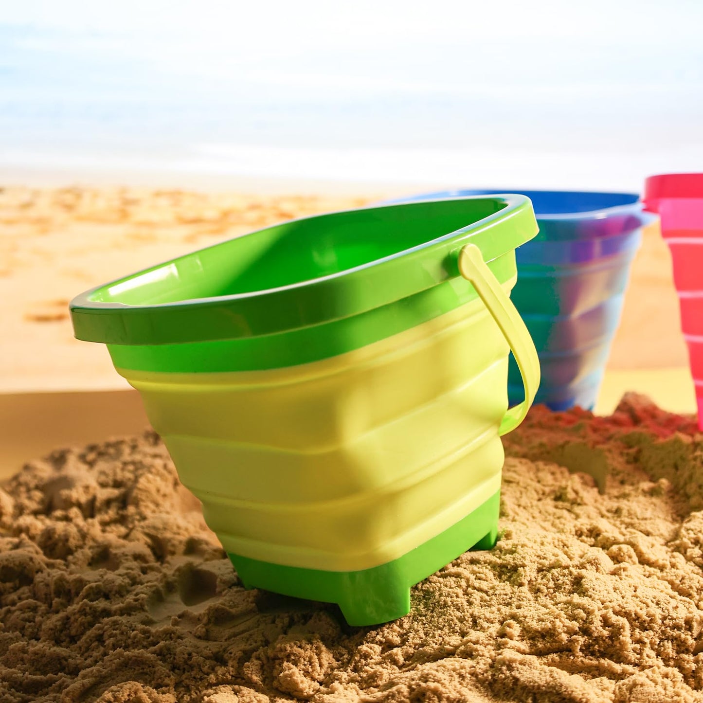 Shindel 3PCS Collapsible Beach Bucket Set, Colorful Sand Bucket Multi Purpose for Beach Summer Activities, Camping Gear, Beach E