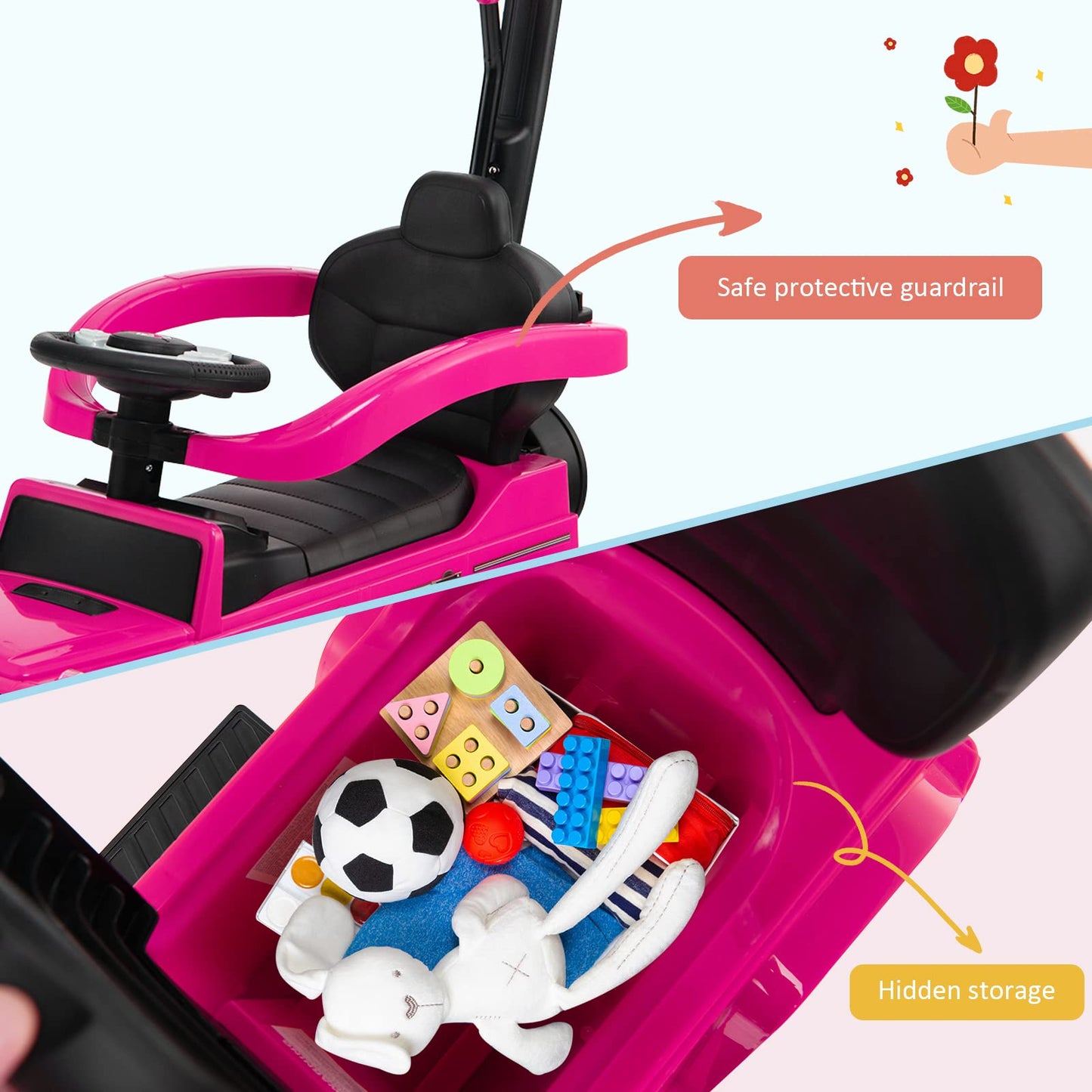 Costzon 3-in-1 Mercedes Benz Push Car for Toddlers, Pink, Polypropylene, with Canopy, Storage, Horn Sound, Armrest Guardrail