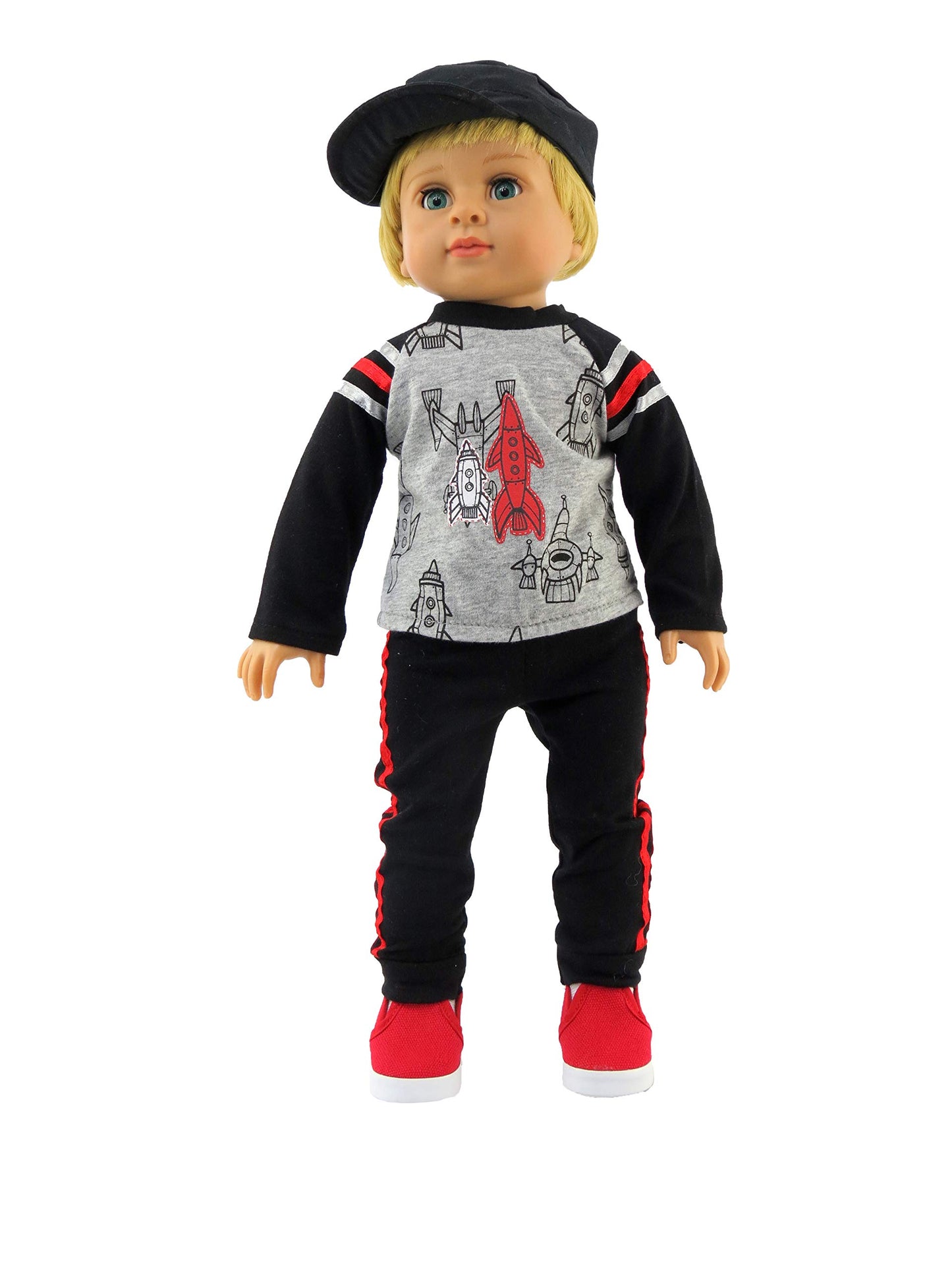 American Fashion World Boys Rocketship Long Sleeve Shirt and Pants Set for 18-Inch Dolls | enhanced Quality & Trendy Design | Dolls Clothes | Outfit Fashions for Dolls for Popular Brands
