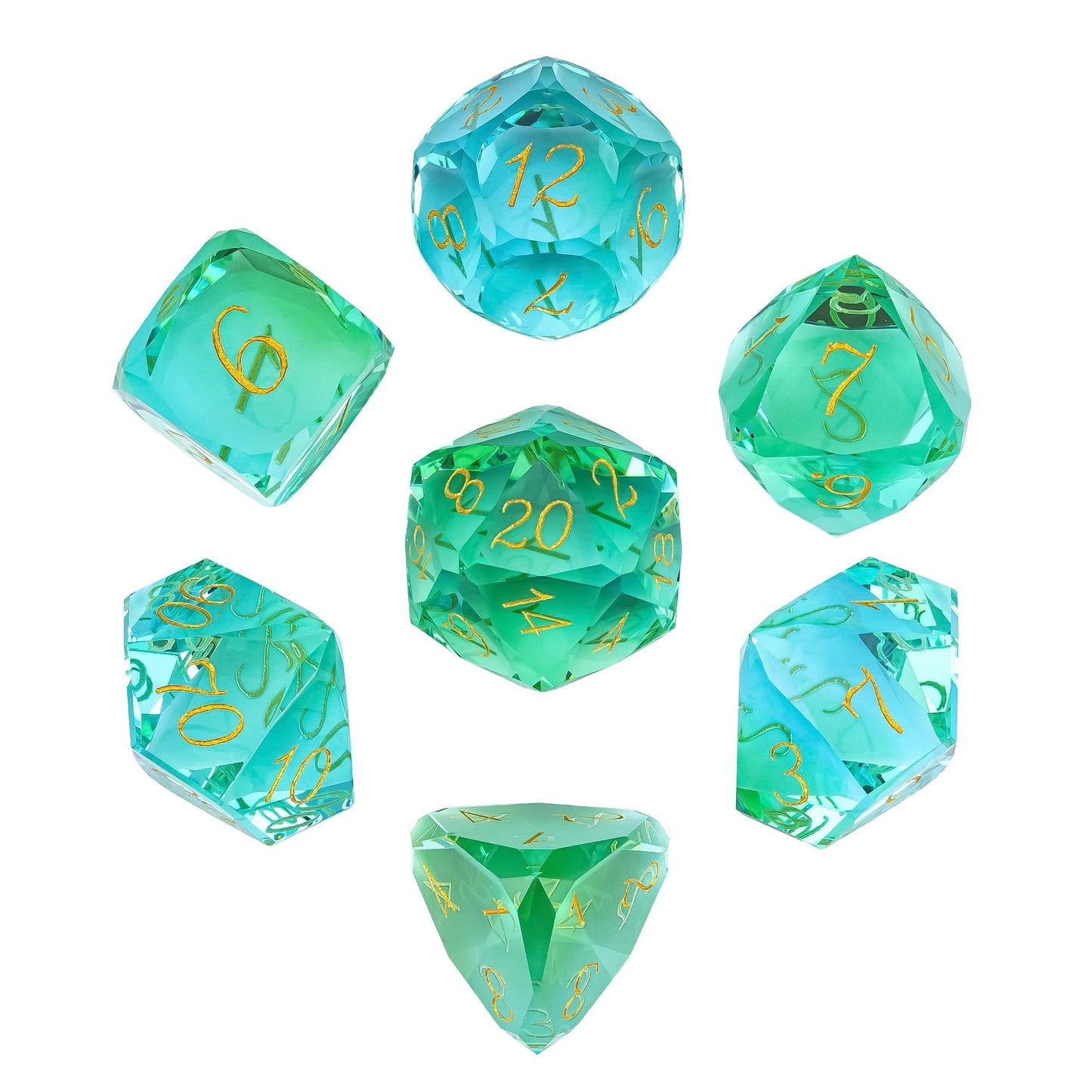 Udixi 7-Piece Glass Dice Set D&D, Multifaceted Diamond-Cut Glass Dnd Dice For Dungeons And Dragons Rpg Tabletop Games (Green And