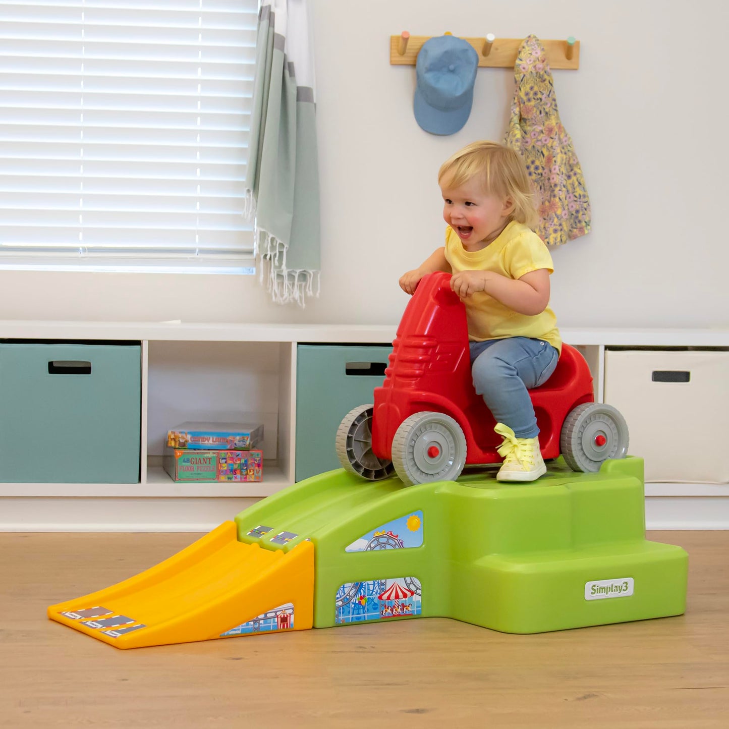 Simplay3 Deluxe Race And Ride Kids Downhill Roller Coaster And Racetrack With Cars, Indoor-Outdoor Ride-On Toy, Includes Two Toy Race Cars And Amusement Park Decals, Ages 2-5 Years, Made In The Usa