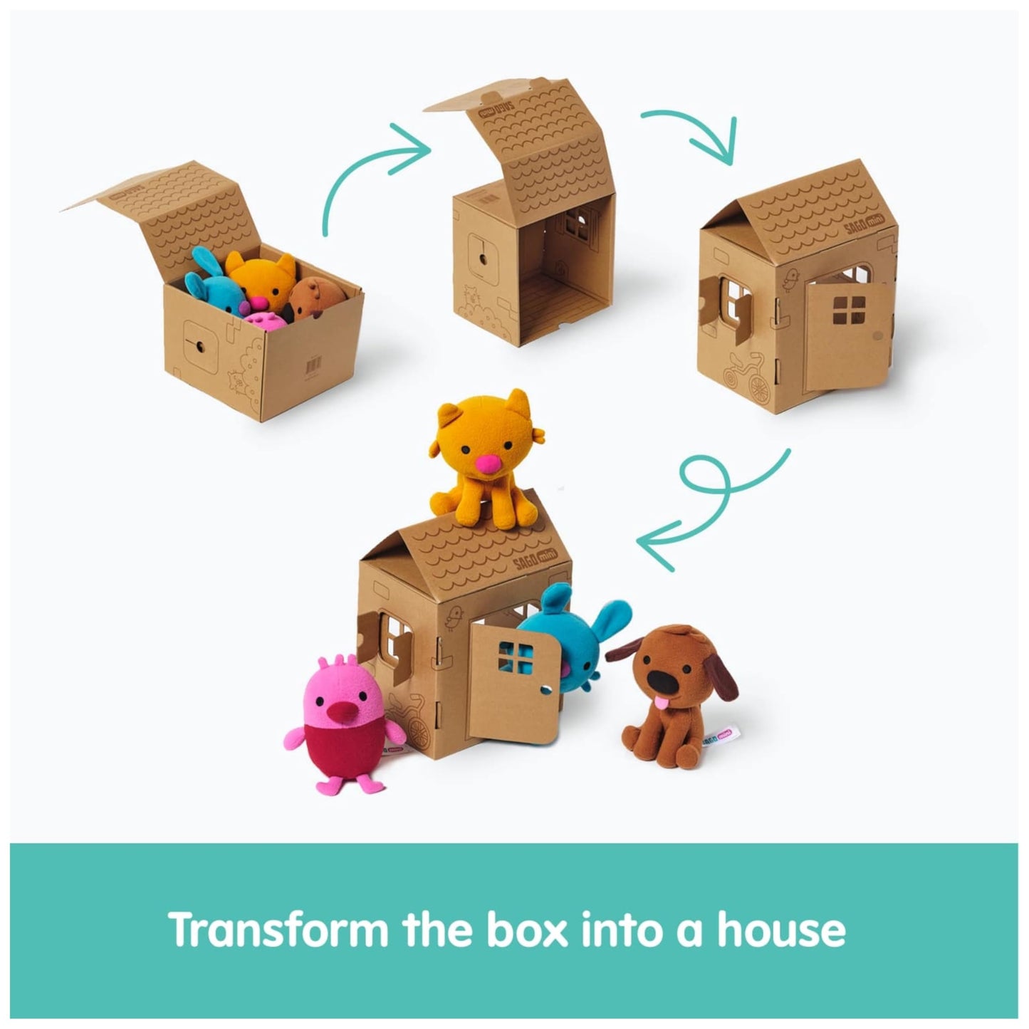 Sago Mini Plush Gift Pack, 4 Stuffed Animals With Transforming Cardboard Playhouse, Pretend Play Kids Toys For Boys & Girls Ages 3 And Up