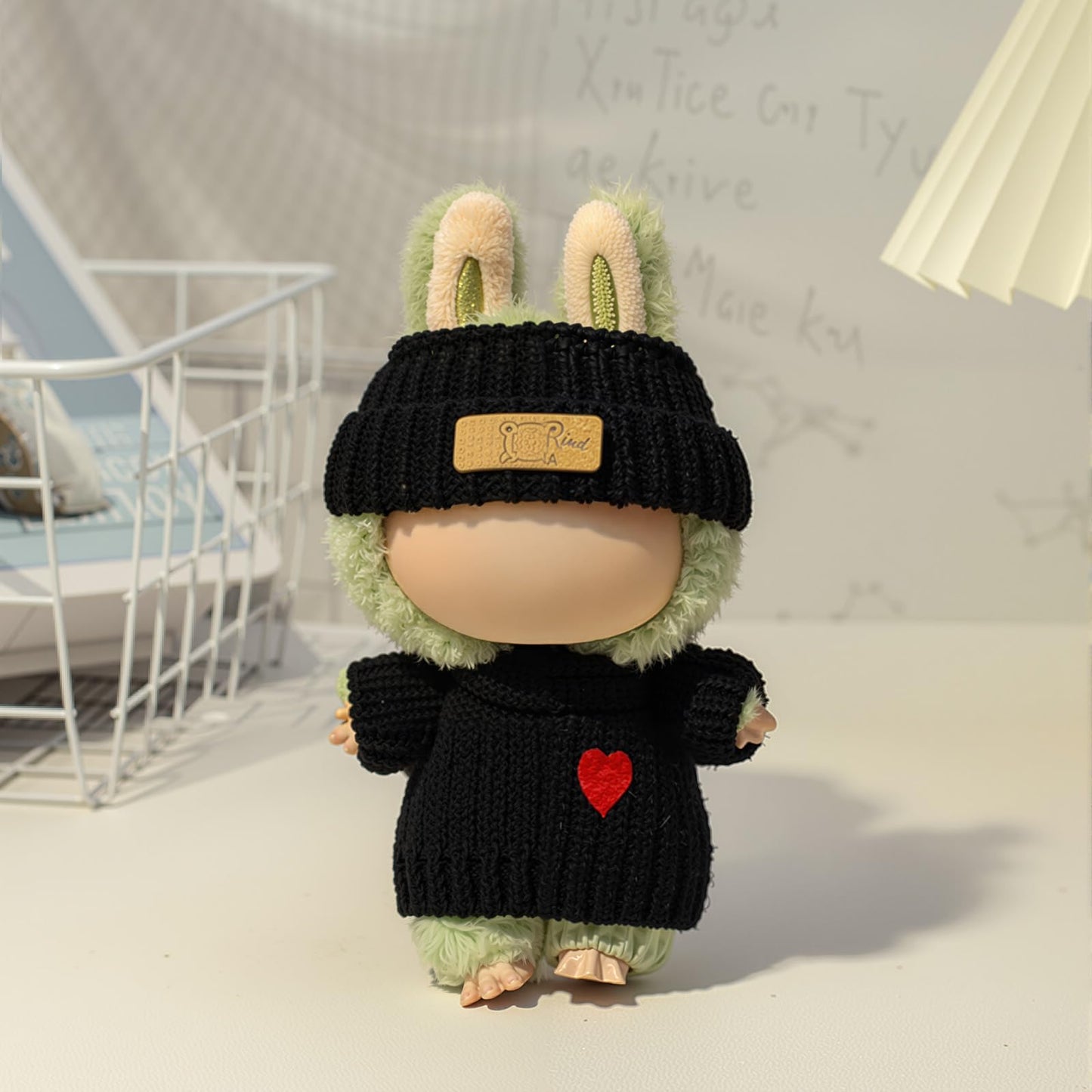 Clothes for LABUUB Doll (NO Doll) Handcrafted Crochet 3-Piece Set for Doll Accessories enhanced Outfit - Heart Sweater + Hat + Bag Cute Clothes for Dress up Unique Style (Black)