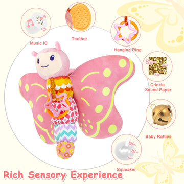 Baby Toys 0-6 Months,Infant Musical Sensory Stuffed Animal With Squeaker,Rattle,Crinkle Wings,Teether & Hanging Ring,Tummy Time