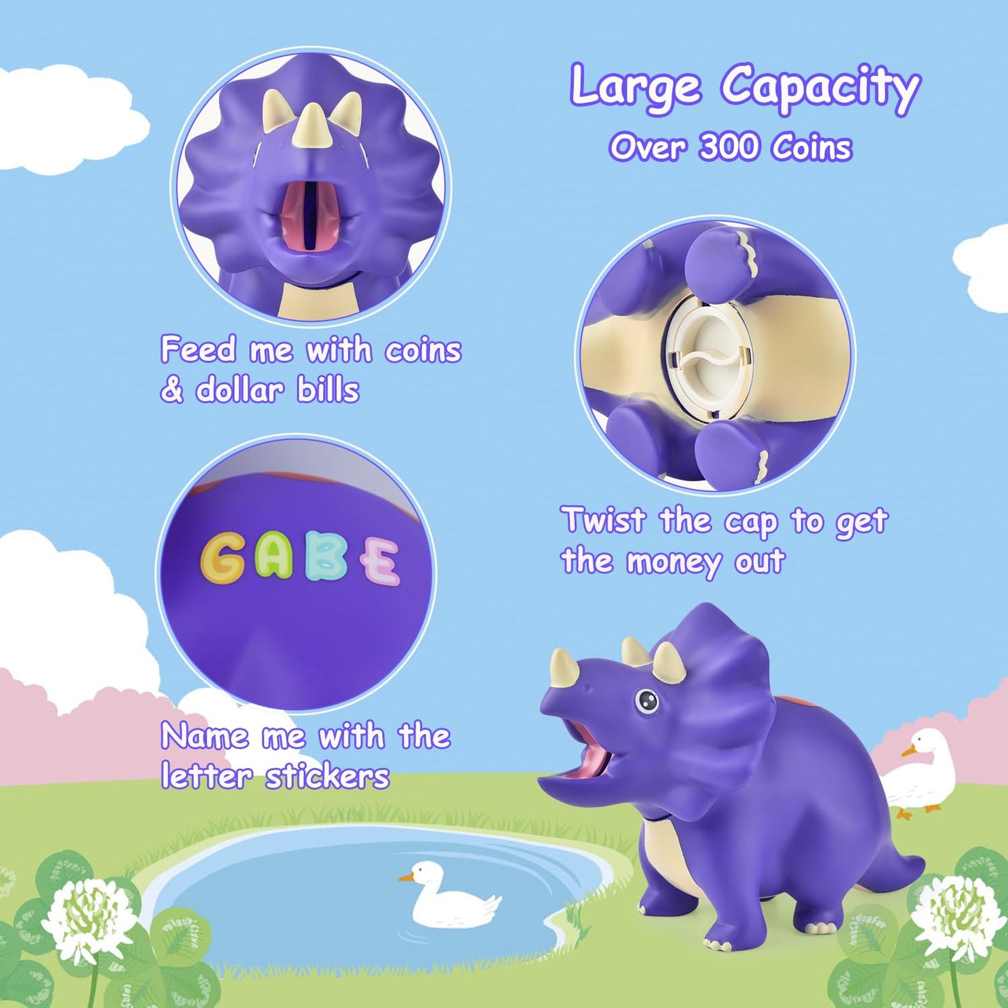 Pjdrllc Dinosaur Piggy Bank For Kids, Unbreakable Plastic Money Coin Bank For Boys And Girls, Great Gifts For Birthday, Easter, Christmas (Purple)