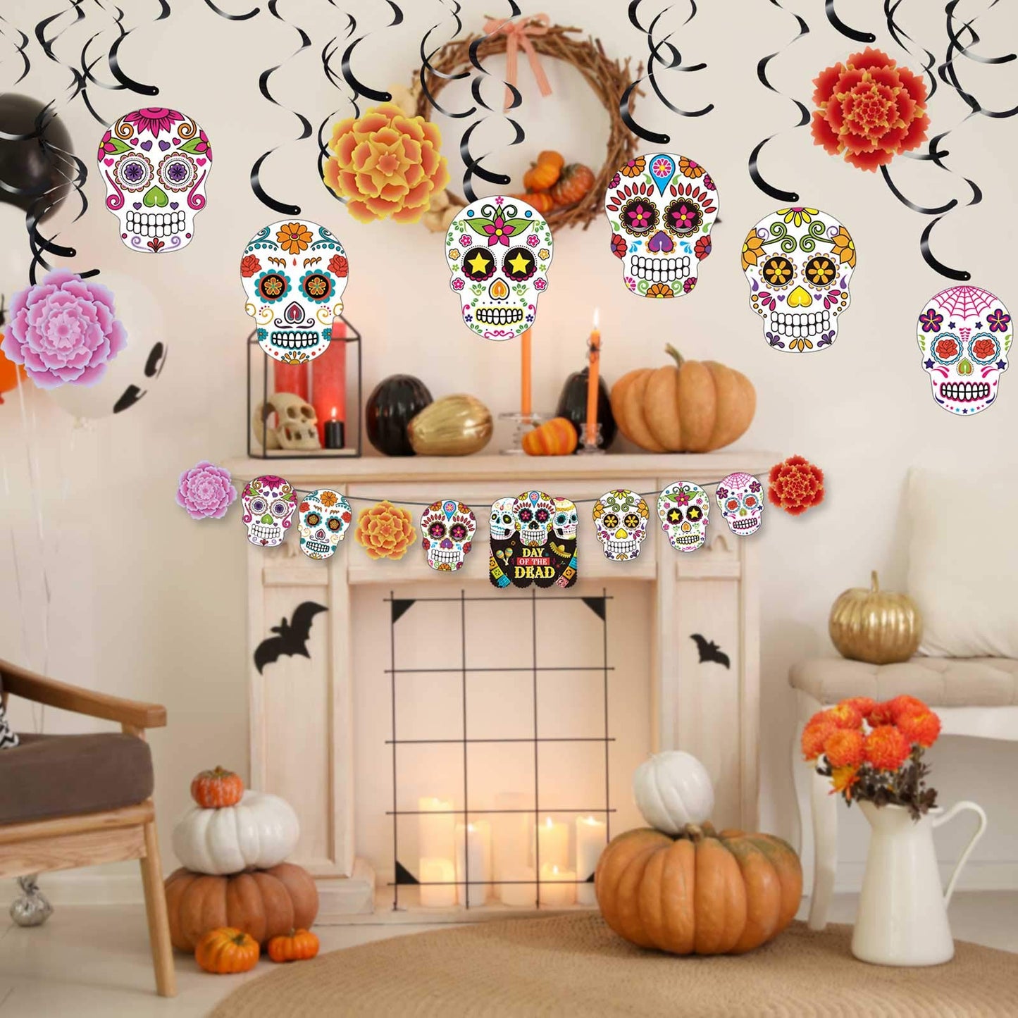 30 pcs Day of The Dead Foil Swirls Decorations Halloween Sugar Skull Flowers Ceiling Hanging Swirls Dia de Los Muertos Party Fav