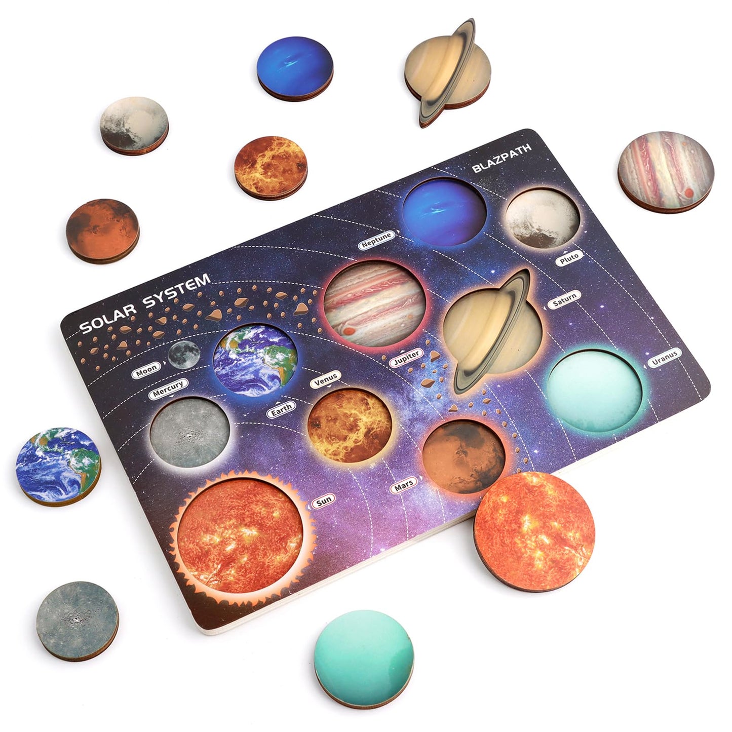 Blazpath Solar System Planet Space Wooden Puzzle Toys For Kids 3-5, Toddler Montessori Educational Match Planet Board Sensory To