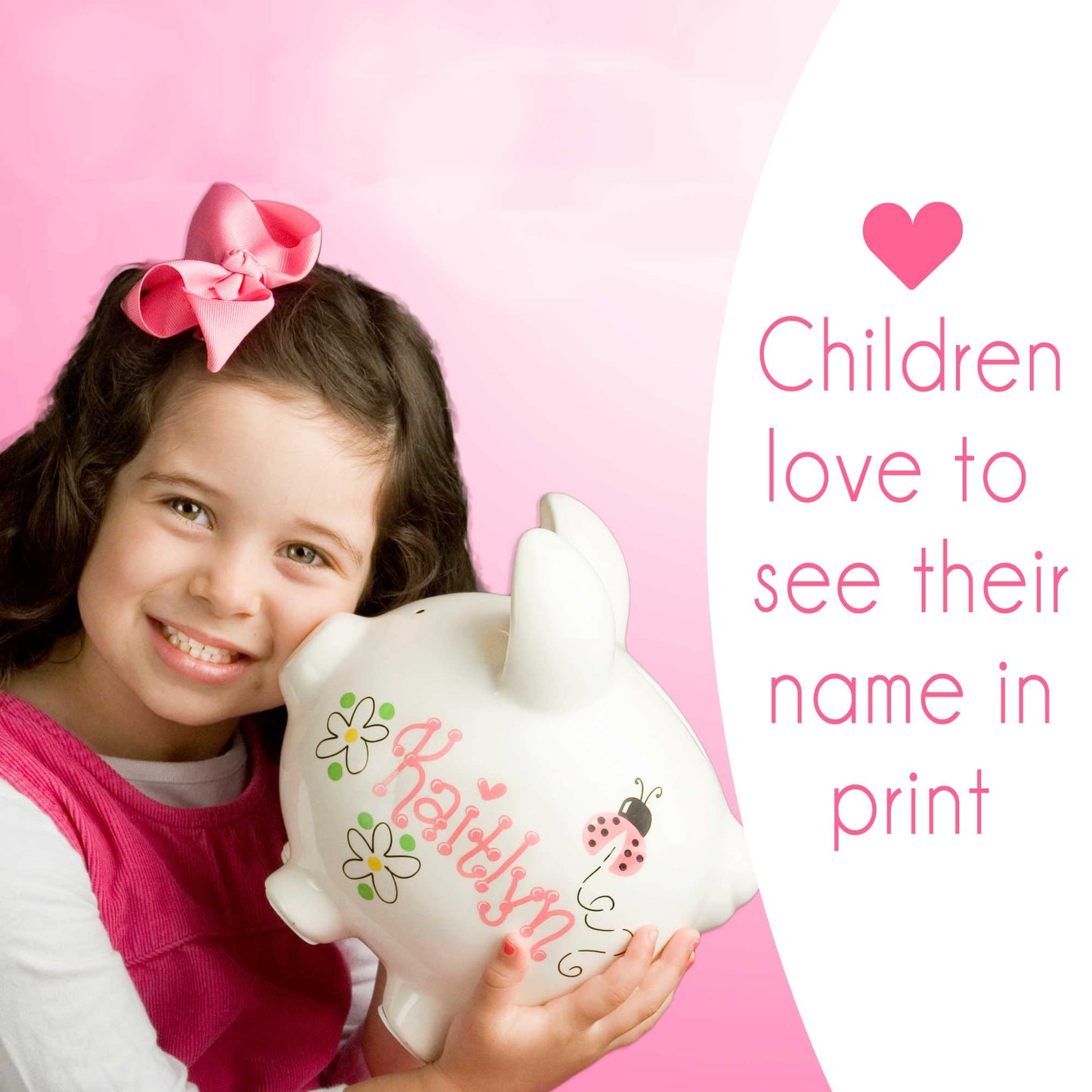 My Bambino Girl's Hand Painted Personalized Pink Ladybug Piggy Bank Large White Ceramic piggybank Baby Gift (Pink Roses)