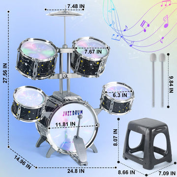 CAPTAIN CHAOWING Kids Drum Set - Upgraded Jazz Percussion Toy for Toddlers 1-3, Black, Plastic & Alloy, Model 586-336