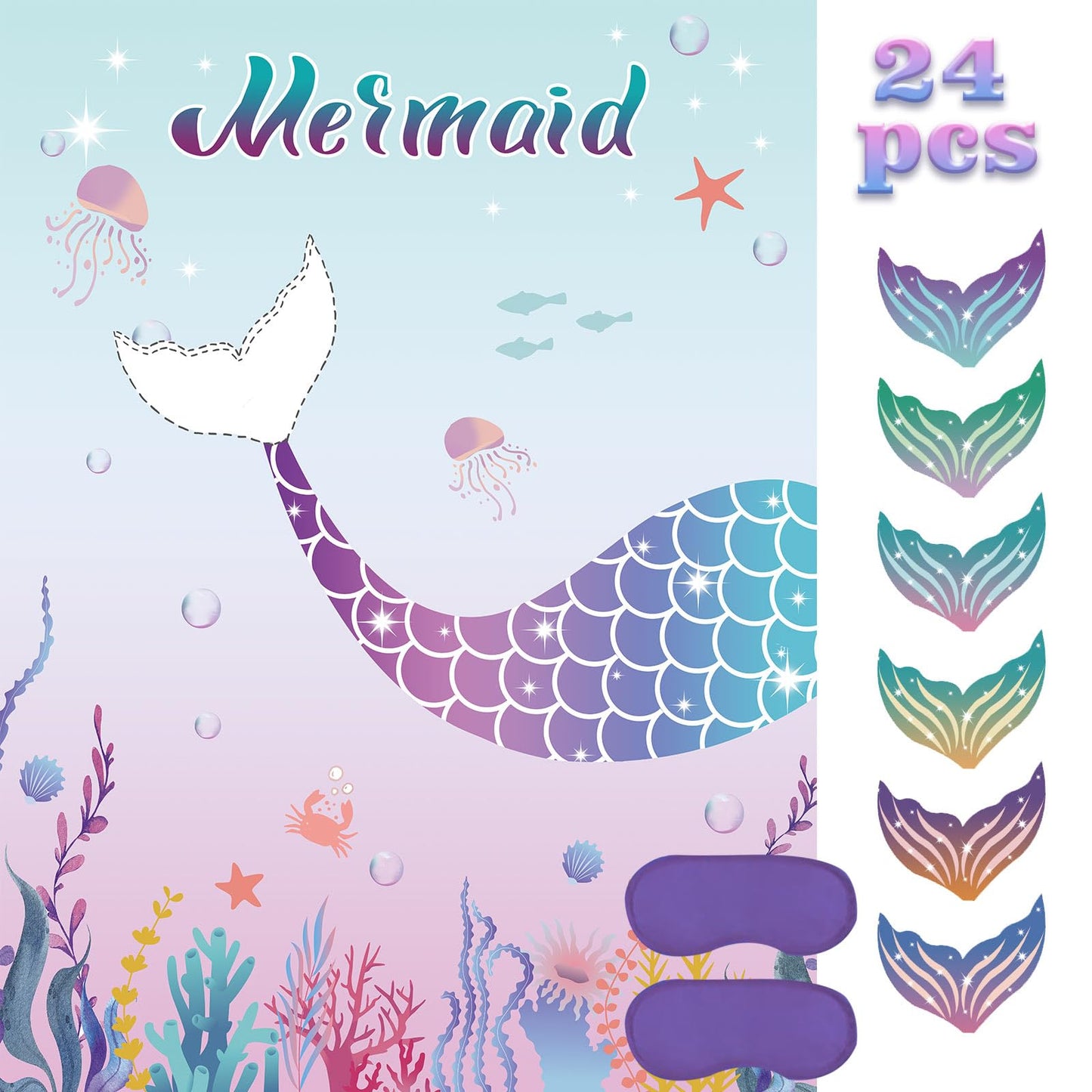 Pin The Tail On The Mermaid Party Game With 24 Pcs Tails For Kids Girls Birthday 21'' X 28'' (Mermaid)