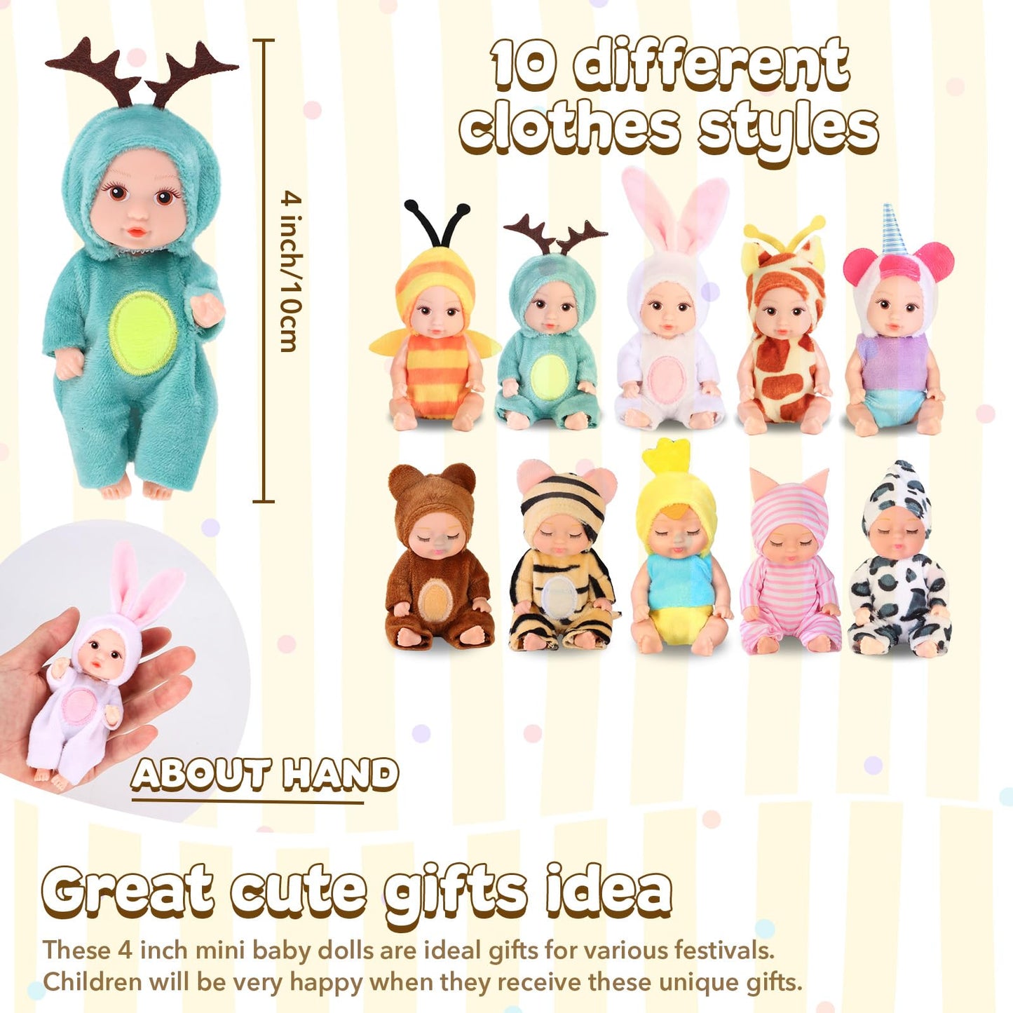 Mxsyshyj 10 Pcs 4 Inch Mini Dolls Playset - Reborn Baby Dolls With Mixed Eyes (5 Open & 5 Closed) Including Handmade Animal Clot