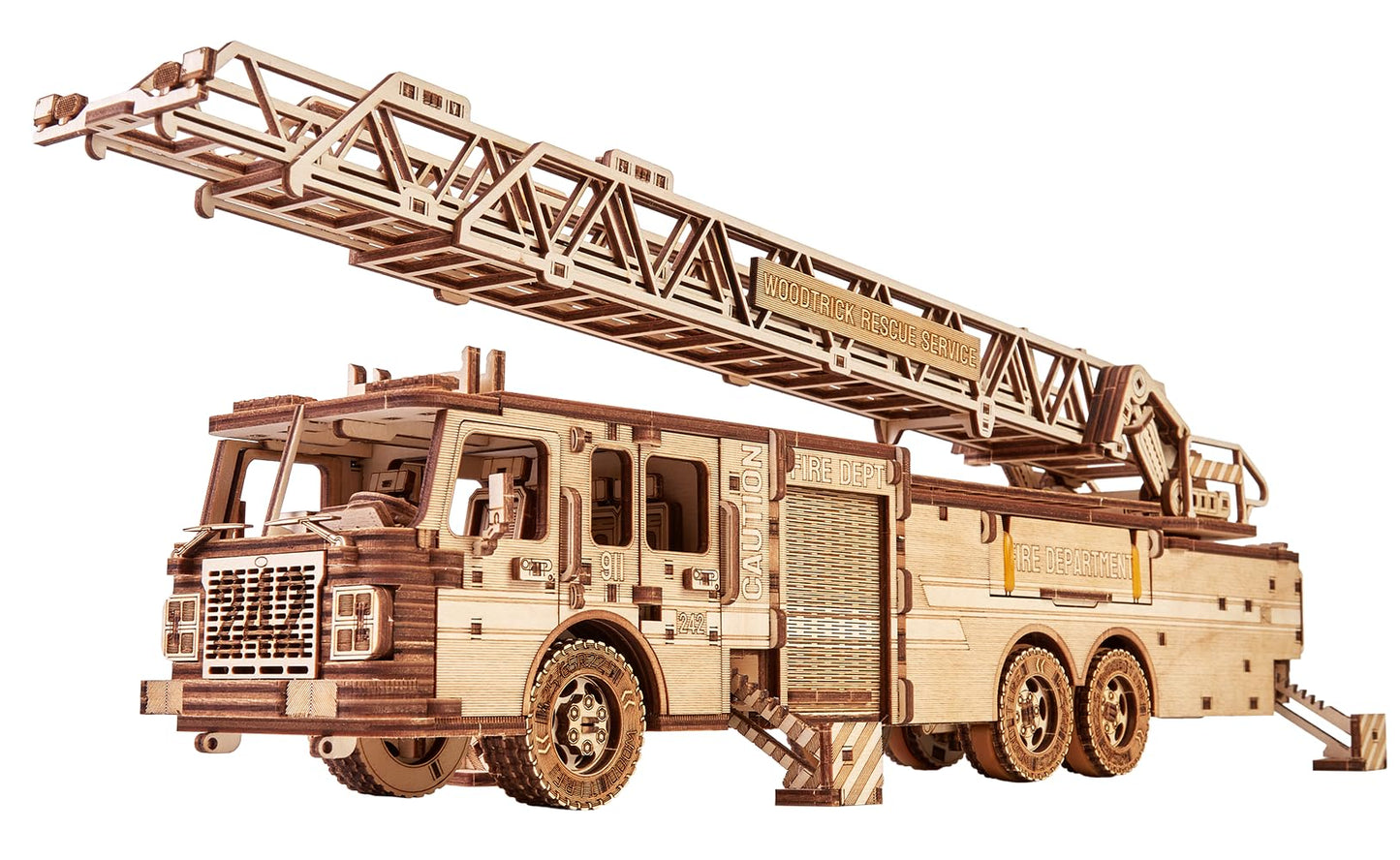 Wood Trick Rescue Firetruck Movable - Rotating Extendable Ladder - 3D Wooden Puzzles For Adults And Kids To Build - Rides Up To 20 Ft - Wooden Models Engineering Diy Project Mechanical Model Kit