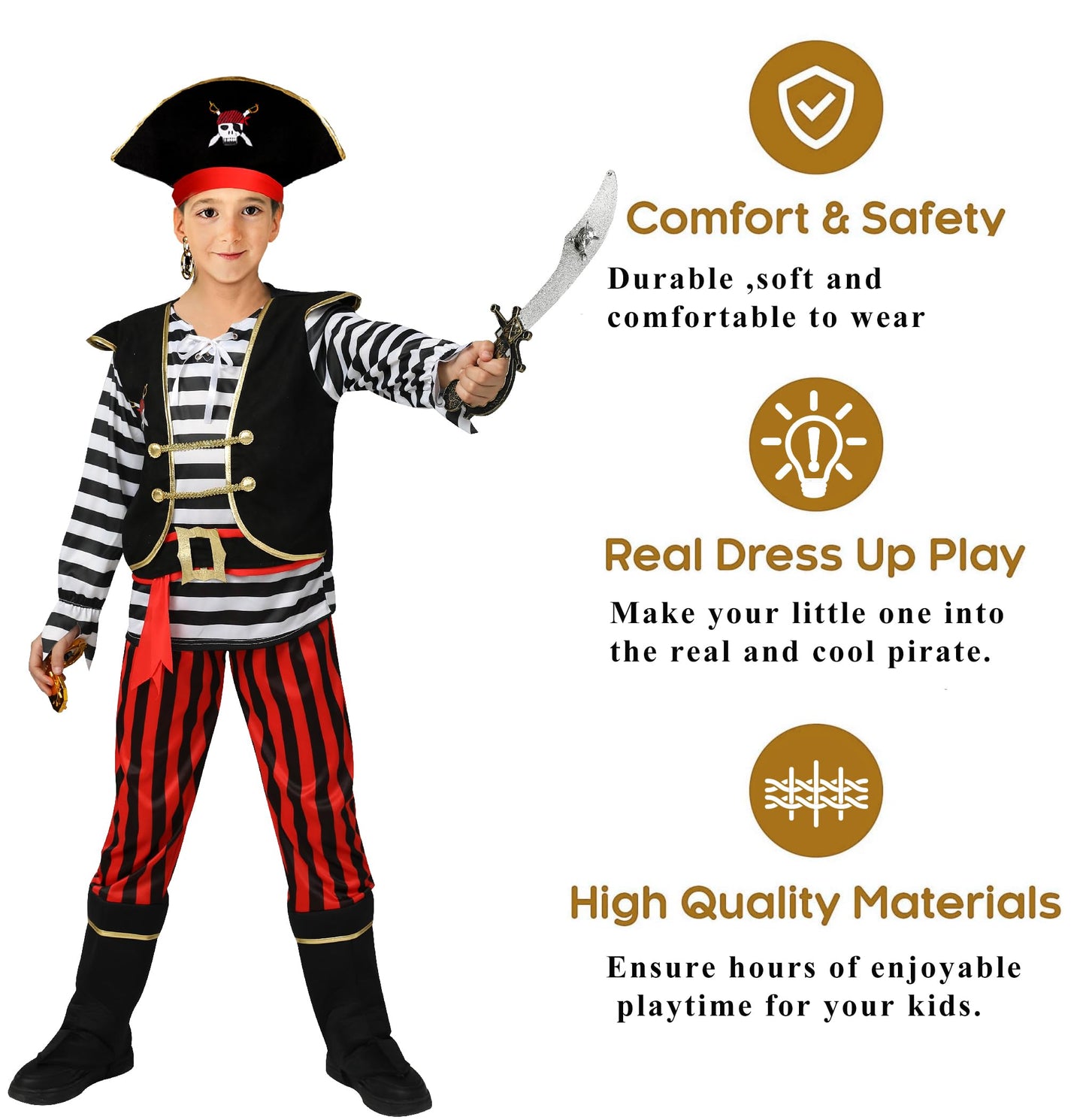 Yorborgor Pirate Costume For Kids Pirate Outfit For Boys Pirate Cosplay Party Dress Up (Stripes, 3-4 Years)