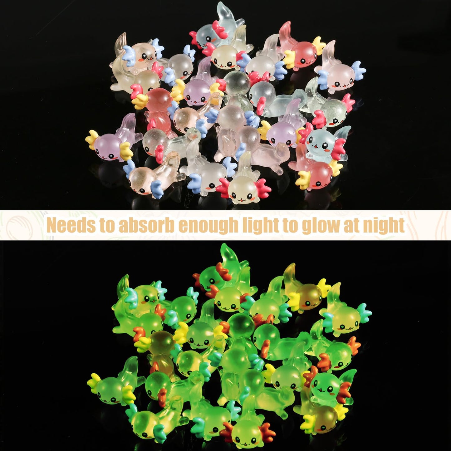 XIHIRCD 32pcs Mini Resin Axolotl Miniature Figurine, Glow in The Dark Tiny Animal Figurines Small Luminous Charm Ornament for DI