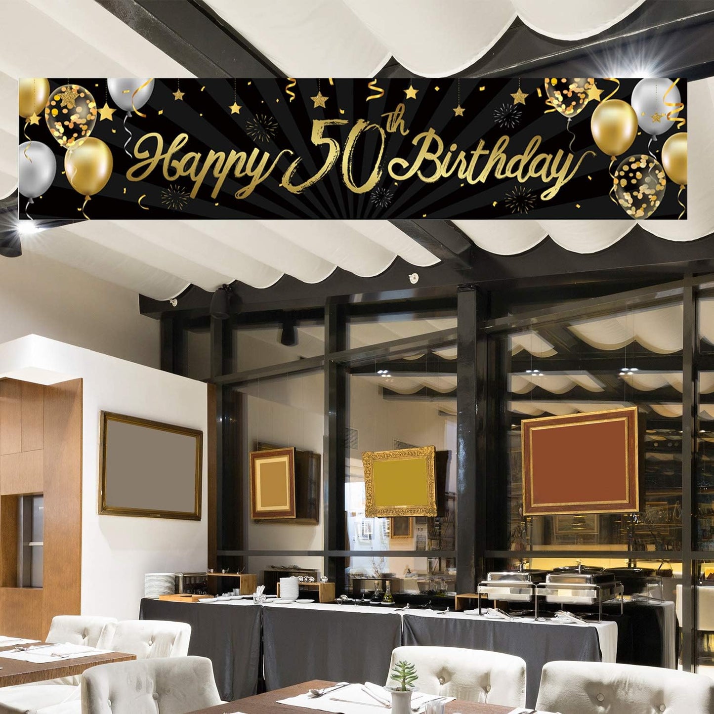 Happy 50Th Birthday Banner For Men Women Sign Black Gold Glitter 50 Years Old Birthday Party Decorations Supplies Anniversary Celebration Backdrop