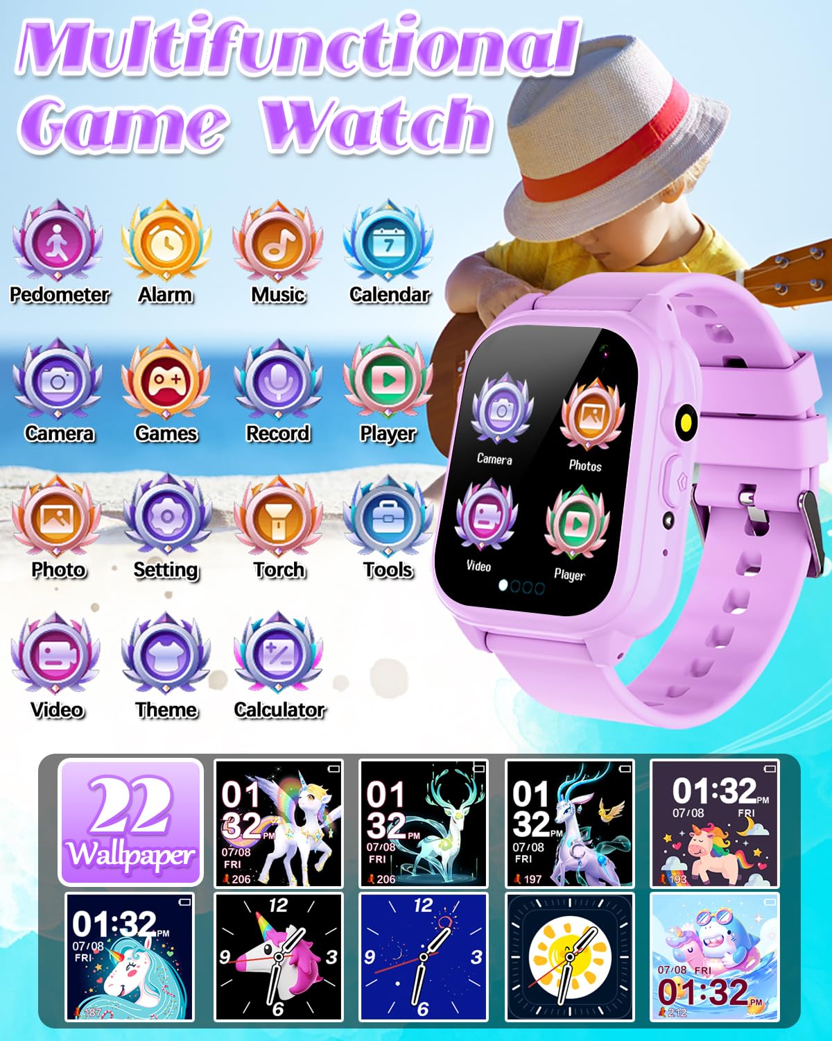 Waterproof Smart Watch For Kids 3-12 Years Old Boys Toys With 26 Games, Video Camera, Pedometer, Music Player, Alarm Clock, Flas