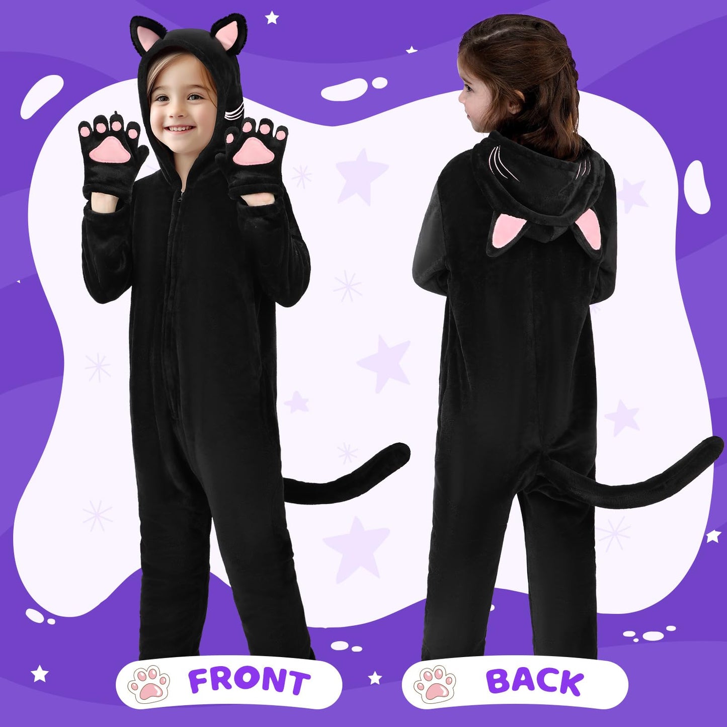 Giftinbox Cat Costume For Girls, Zip-Up Hooded Onesie Black Cat Costume For Kids Dress Up, Role Play Halloween Costumes For Kids Girls 5 6 7 8 9 10 11