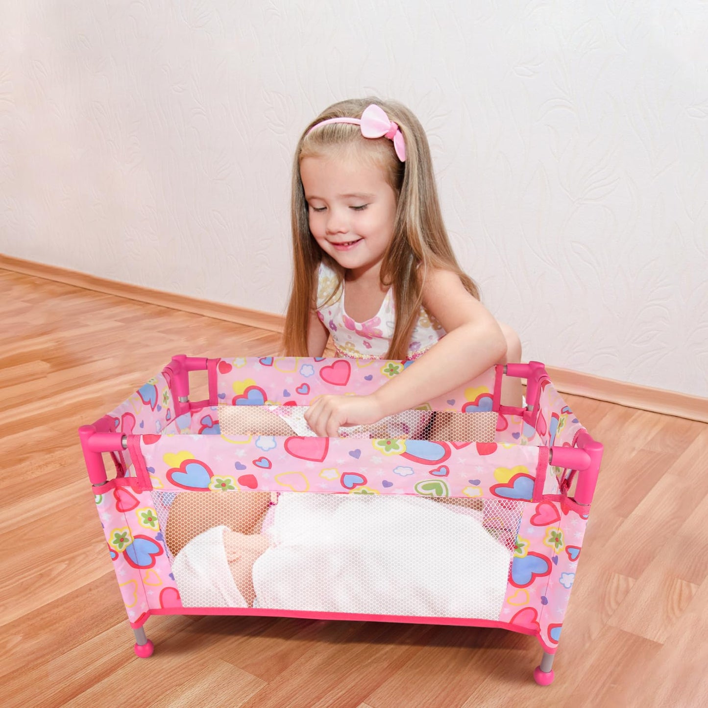 Chyyeerkidd Toy Baby Doll Crib For 18'' Dolls, Cute Pink Heart Designed Baby Doll Bed With Carry Bag, Toy Crib Doll Furniture Fo