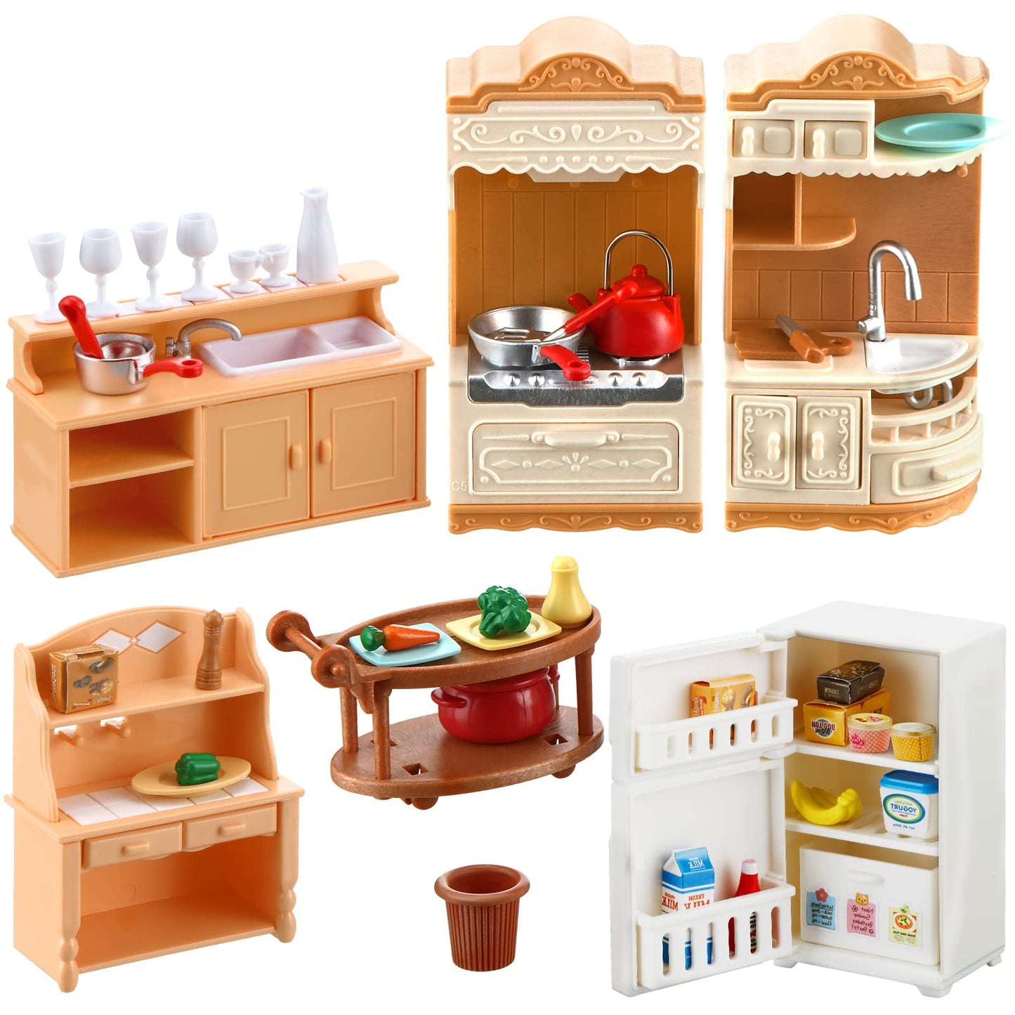43 Pcs Dollhouse Furniture Kitchen Play Set Miniature Refrigerator With Mini Food Pots And Pans Set Pretend Play Kitchen Accessories Toys