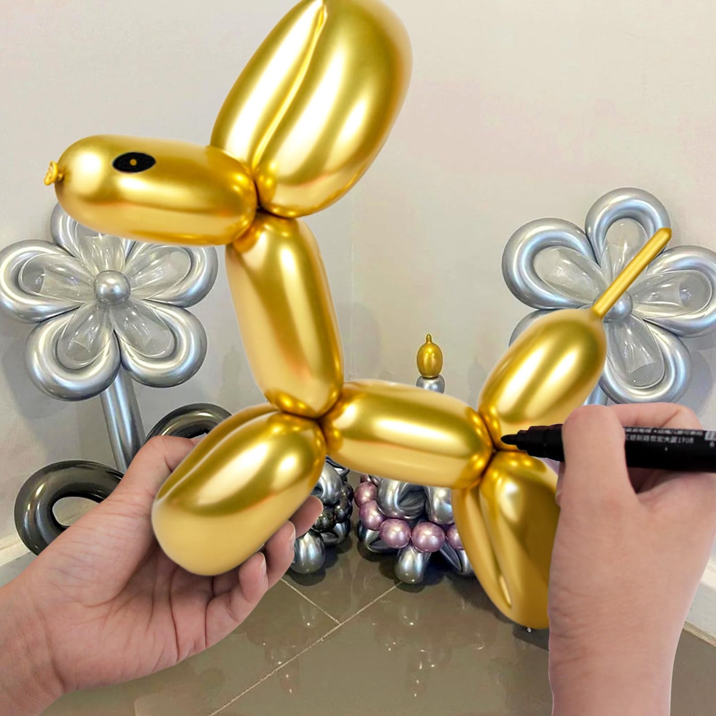 100Pcs 260 Balloons Metallic Gold Long Balloons For Balloon Animals, Gold Skinny Latex Twisting Balloon For Animals Modeling Chr