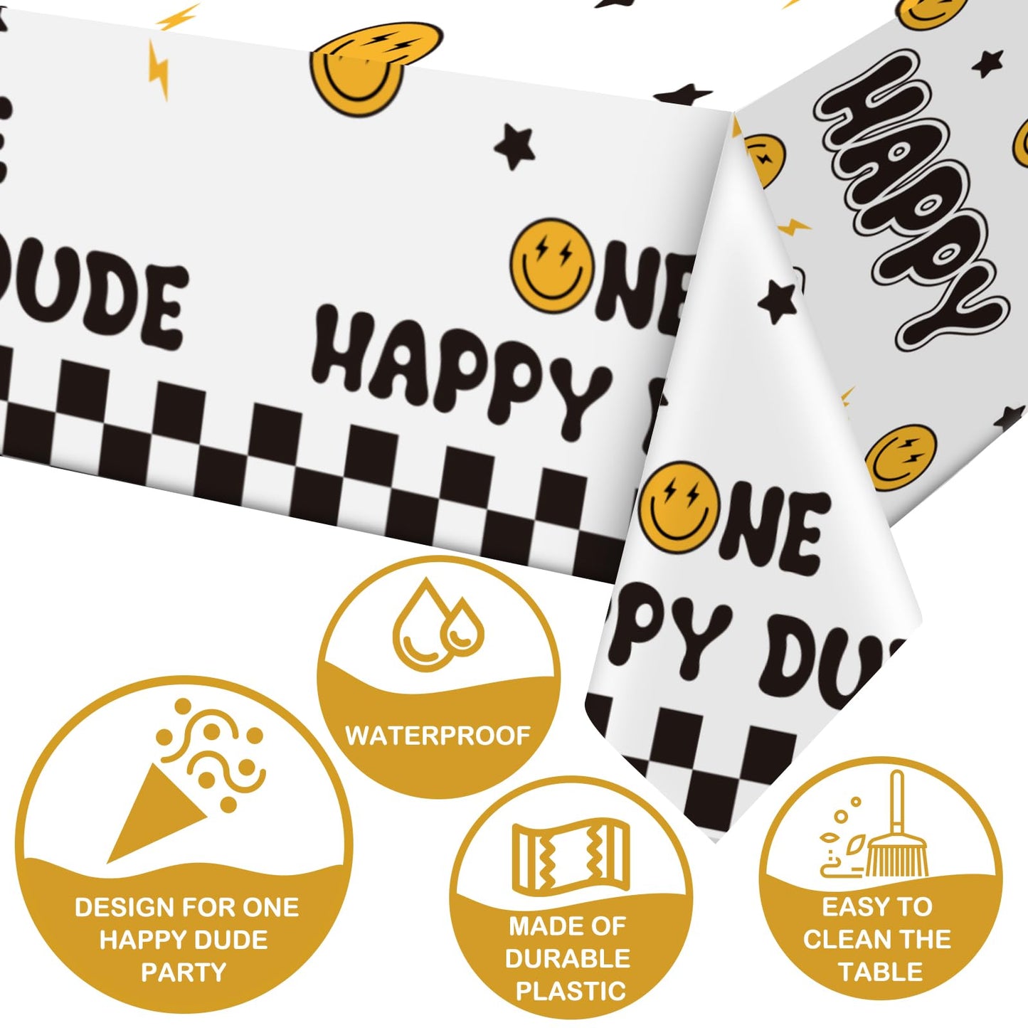 Newwiee 6 Pcs One Happy Dude Birthday Party Tablecloths 51 x 108 Inch One Happy Dude Table Cover Smile Face Plastic Table Cloths