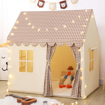 SweHouse Kids Play Tent with Star Lights - Brown & Cream Indoor Playhouse for Toddlers, Non-Slip Padded Mat - Perfect Birthday Gift