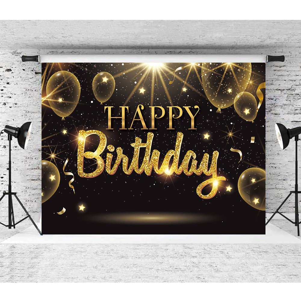 Iiiluyot Black Gold Happy Birthday Party Decorations Backdrop, Golden Balloons Glitter Star Birthday Party Photo Background Bann