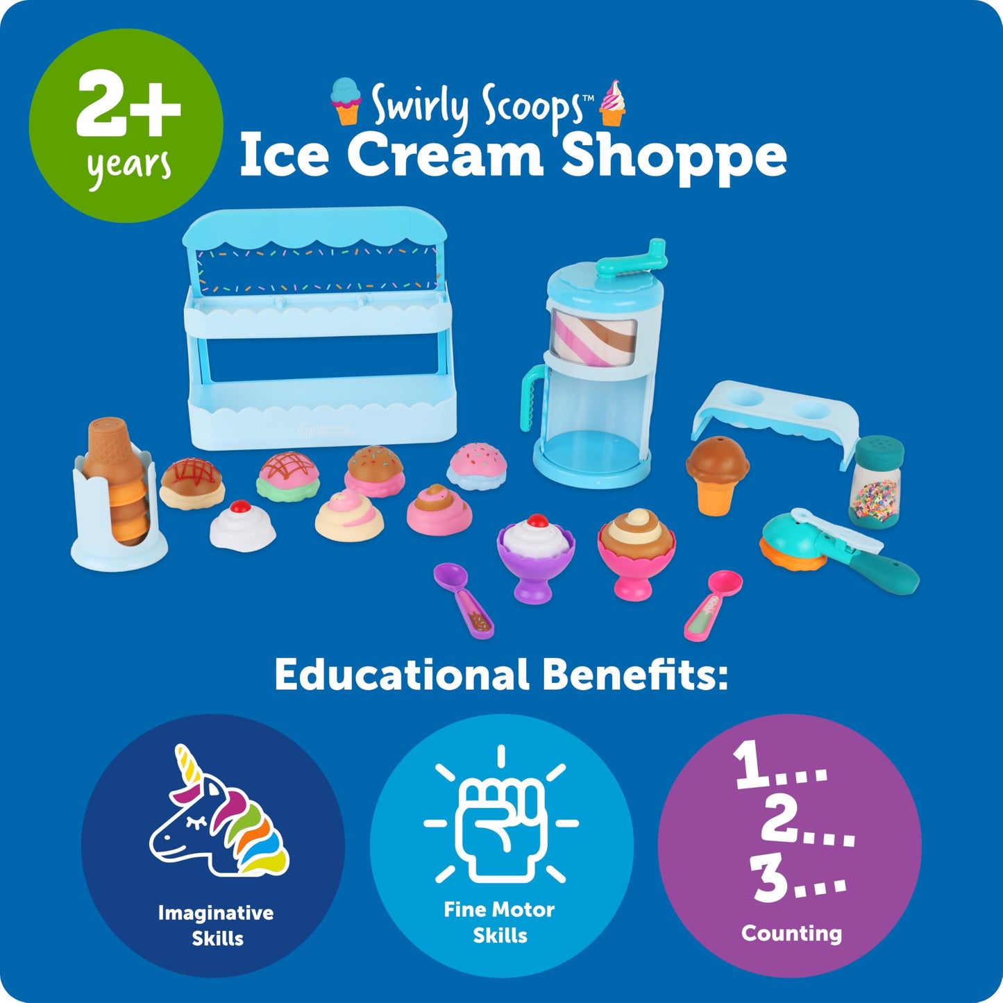 Learning Resources Swirly Scoops Ice Cream Shoppe Playset - Child-Size Plastic Kitchen Toys for Boys and Girls, Model LER9278