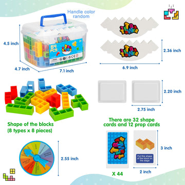 WOWNOVA Deluxe Tetra Tower Game - 64PCS Stacking Blocks for Family Fun, Includes Prize Wheel & Storage Box, Ideal for Kids & Adults