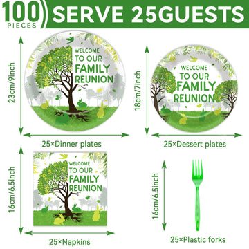 100Pcs Family Reunion Party Decorations Family Tree Reunion Plates Napkins Green Tree Welcome To Our Family Reunion Tableware Se